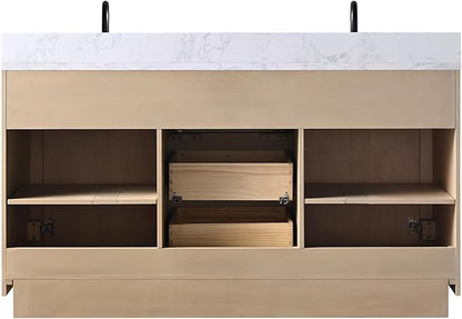 HOMEBEYOND 60 Inch Bathroom Vanity with Double Sink & Ceramic Top, MDF Material Vanity Cabinet with Basin Combo, Soft-Closing Doors, Removable Shelf, Backsplash
