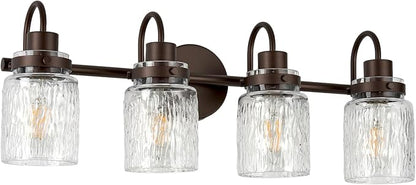 4 Lights Bathroom Vanity Light, Oil Rubbed Bronze Bathroom Light Fixtures with Hammered Glass Lampshade for Dressing Table,Over Mirror,Hallway