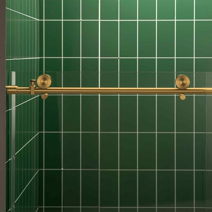 Woodbridge 56-60" W x 80" H Frameless Single Sliding Shower Door with Tempered Glass & Explosion Proof Film in Brushed Gold Finish