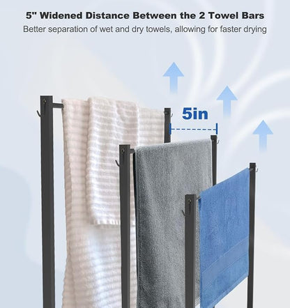 Extra Large Free Standing Towel Rack, Black | 3 Tiers Heavy Duty Blanket Drying Stand Holder with Metal Storage Shelf & 6 Hooks for Bathroom, Pool, Bedroom, Living Room