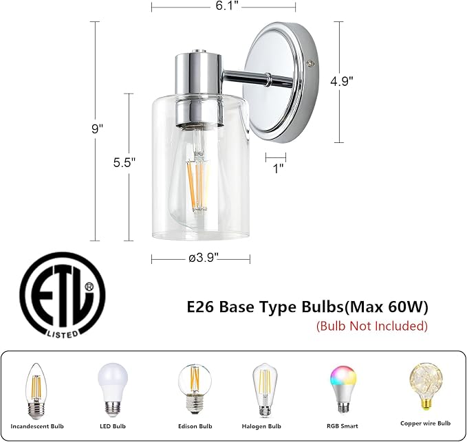 2 Light Bathroom Wall Sconce Light Fixtures with Clear Glass Bathroom Wall Lights Over Mirror Vanity Lights Chrome with E26 Base