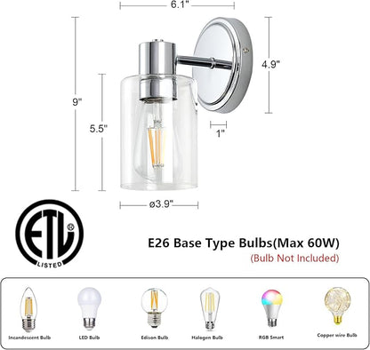 2 Light Bathroom Wall Sconce Light Fixtures with Clear Glass Bathroom Wall Lights Over Mirror Vanity Lights Chrome with E26 Base