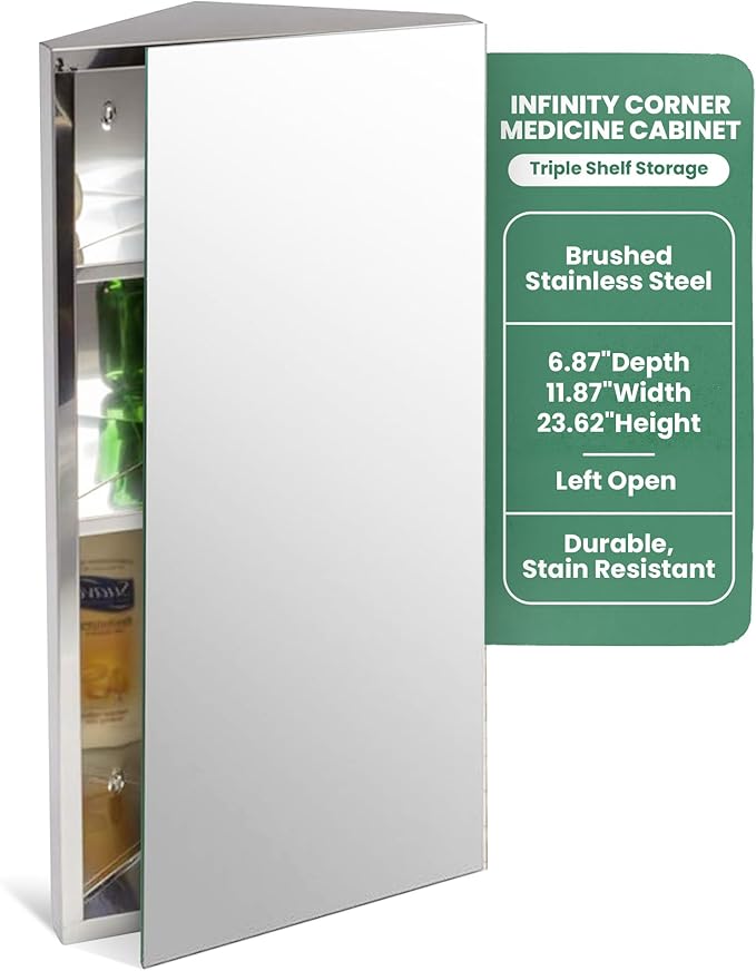 Renovators Supply Infinity Corner Medicine Cabinet with Mirror - Triple Shelf Storage Cabinet - Modern Wall Mount Medicine Cabinet - 23.6 in., Left Open, Brushed Stainless Steel, Pack of 1