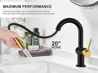 KENES Black and Gold Pull Down Bathroom Faucet 1 Hole, Single Handle Bathroom Sink Faucet with Pull Out Sprayer, Vanity Faucet with Pop Up Drain & Deck Plate, KE-9065B-BG