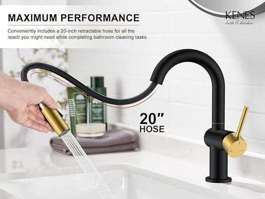 KENES Black and Gold Pull Down Bathroom Faucet 1 Hole, Single Handle Bathroom Sink Faucet with Pull Out Sprayer, Vanity Faucet with Pop Up Drain & Deck Plate, KE-9065B-BG