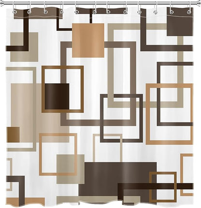 Brown Geometric Shower Curtain with Hooks, Tan Abstract Striped Shower Curtain for Bathroom Modern Minimalist Polyester Fabric Bathroom Curtains Shower Set, 72W x 72L inches