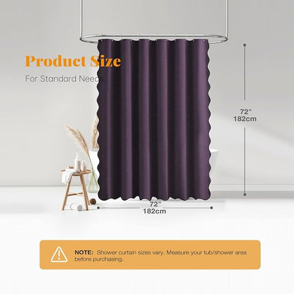 BTTN Purple Boho Scalloped Linen Textured Cloth Shower Curtain Set, 72x72 | 230GSM Waterproof Polyester, Heavy Duty Fabric, 12 Plastic Hooks, Modern Farmhouse Style, Machine Washable, Bathroom Decor