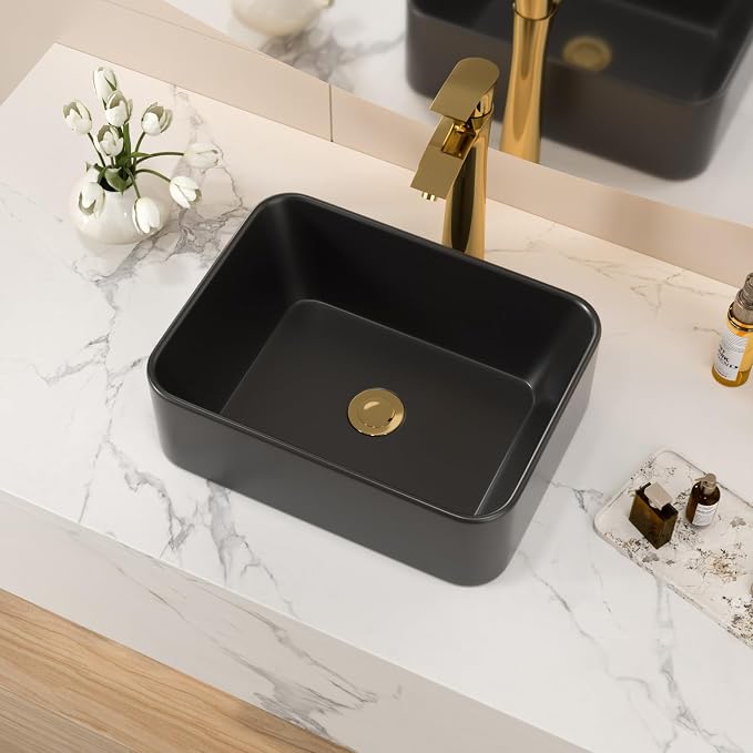 16x12 Black Ceramic Topmount Bathroom Vessel Sink | Black Drop in Top Mount Over Counter Rectangle Bathroom Sink