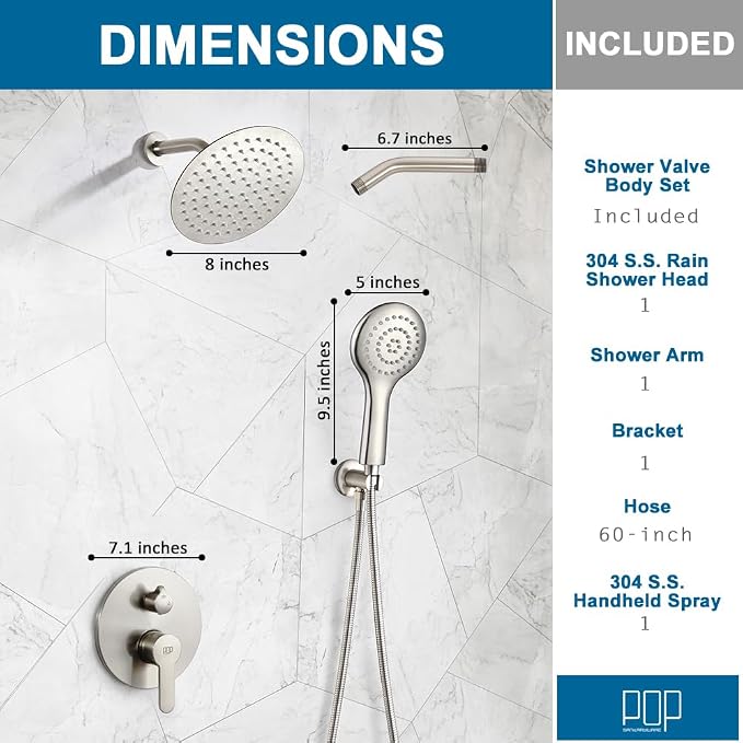 Shower Faucet Set Brushed Nickel 8 Inch Rain Shower Head and Handle Set Bathroom Rainfall Shower System Wall Mounted Shower Fixture Include Shower Valve and Trim Kit