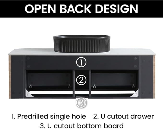 48" Preassembled Floating Bathroom Vanity with Black Sink, Oak | Mid-Century Modern Style, Fluted & Soft-Close Drawer with U-shaped Wall, Sinterted Stone Countertop, Towel Rack Included