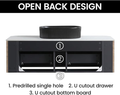 48" Preassembled Floating Bathroom Vanity with Black Sink, Oak | Mid-Century Modern Style, Fluted & Soft-Close Drawer with U-shaped Wall, Sinterted Stone Countertop, Towel Rack Included