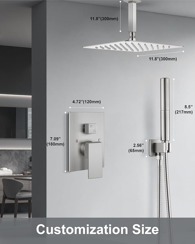 Aolemi Shower System with Rain Head and Handheld,12-Inch,Brushed Nickel | High-Pressure Shower Faucet Set with Dual-Function Handheld,Rough-In Valve,1.8 GPM,Ceiling Mount Trim Kit