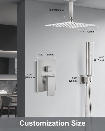 Aolemi Shower System with Rain Head and Handheld,12-Inch,Brushed Nickel | High-Pressure Shower Faucet Set with Dual-Function Handheld,Rough-In Valve,1.8 GPM,Ceiling Mount Trim Kit