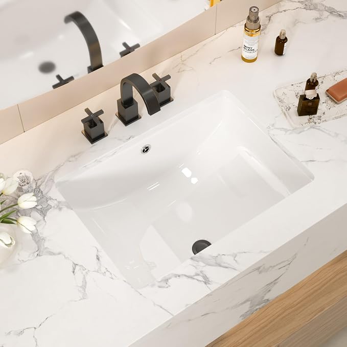 White Ceramic 22"x15" Undermount Bathroom Lavatory Sink | Rectangle under counter white bathroom vessel vanity sink for bathroom