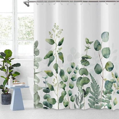Botanical Shower Curtain, Green Eucalyptus Leaf Plants Bathroom Curtains Rustic for Bathtub Decor Machine Washable Waterproof Fabric with 12 Hooks and White 78''Lx72''W GCI-10119