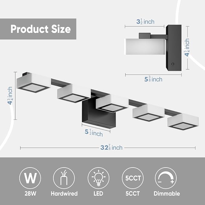 LED Modern Bathroom Light Fixtures Over Mirror, 5-Light Dimmable Vanity Lights, Matte Black Acrylic Bathroom Vanity Light, 2700K-6500K Adjustable, ETL Certificated