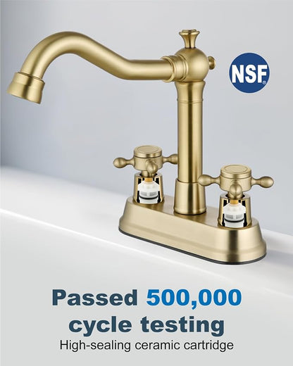 4 Inch Centerset Bathroom Sink Faucet 2 Handle Brushed Gold | Swivel Spout,Pop Up Drain,cUPC Hose,for 2 or 3 Hole Sink,Lavatory,Vintage,Farmhouse,RV,SUS304 Mixer Tap,Metal Cross Handle