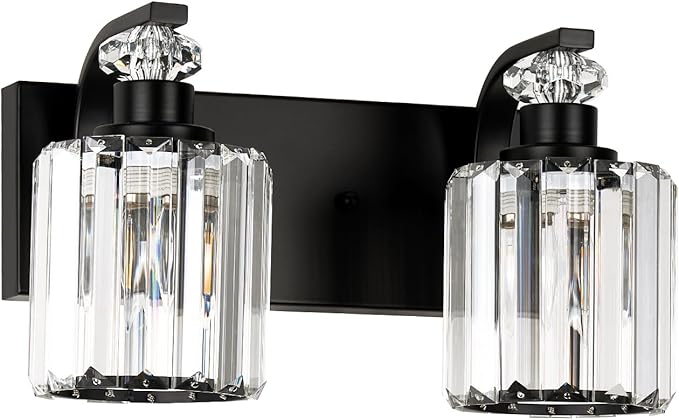 Black Bathroom Light Fixtures with K9 Crystal Lampshade Bathroom Lighting Over Mirror Vanity Lights for Living Room,Bedroom,Restroom,Hallway 2 Lights