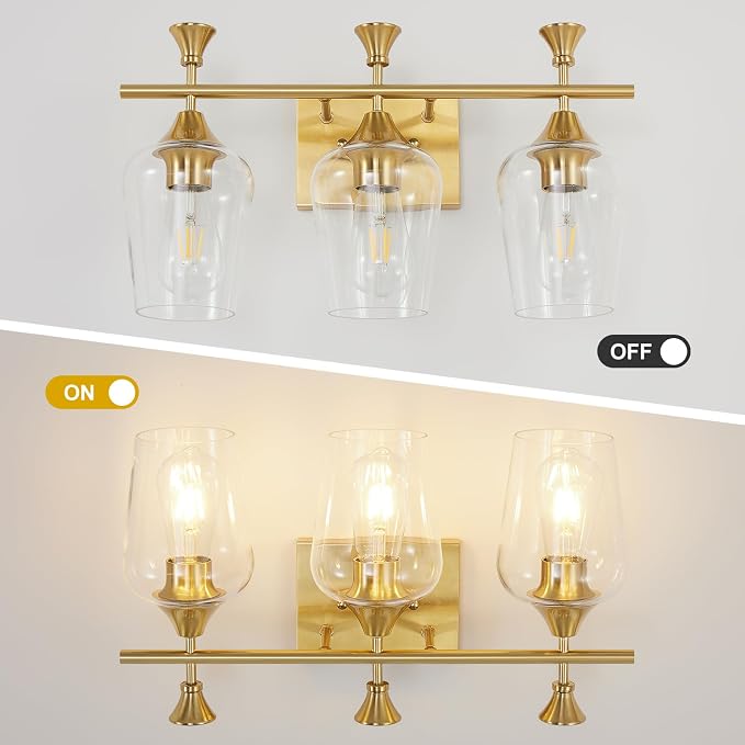 Bathroom Light Fixtures (3-Light, 19 Inch), Brushed Gold Vanity Lights for Bathroom with Clear Wine Glass Glass Shade, Modern Vanity Wall Lights for Mirror Bedroom Living Room Kitchen Hallway Porch