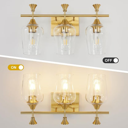 Bathroom Light Fixtures (3-Light, 19 Inch), Brushed Gold Vanity Lights for Bathroom with Clear Wine Glass Glass Shade, Modern Vanity Wall Lights for Mirror Bedroom Living Room Kitchen Hallway Porch