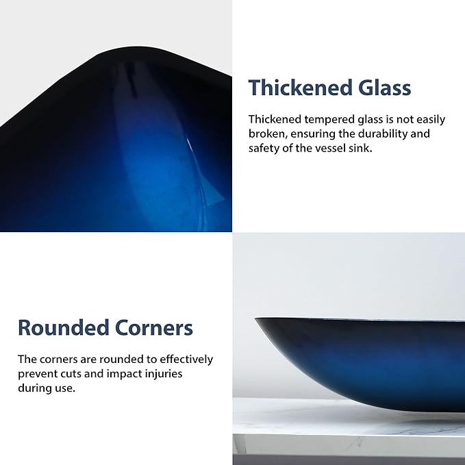 Logmey 22" Glass Bathroom Vessel Sink Vanity Countertop Rectangular Bowl with Black Pop up Drain Set,Glass Art Basin,Blue