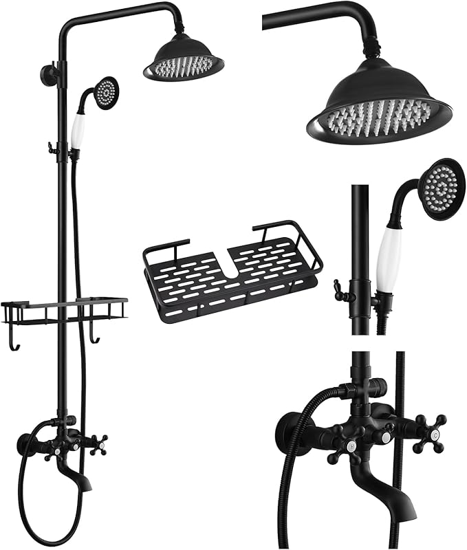 gotonovo Exposed Shower System with Spout,Matte Black,Shower Shelf | Brass Shower Faucet Set,8’’ Rain Head with Handheld Spray,Swivel Tub Spout,2 Cross Handle,6’’ Hole Distance,Adjustable Height