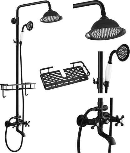 gotonovo Exposed Shower System with Spout,Matte Black,Shower Shelf | Brass Shower Faucet Set,8’’ Rain Head with Handheld Spray,Swivel Tub Spout,2 Cross Handle,6’’ Hole Distance,Adjustable Height
