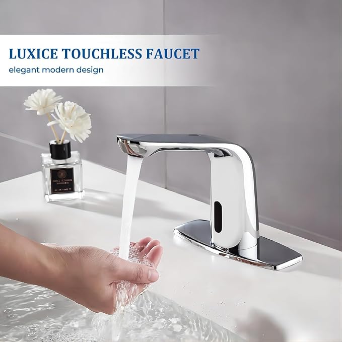 Luxice Chrome Touchless Bathroom Sink Faucet - Automatic Motion Sensor Battery Opertated for Commercial Lavatory Bathroom