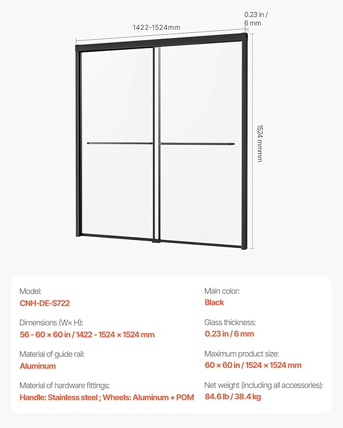 VEVOR Bathtub Shower Door, 56-60" W x 60" H, Semi-Frameless Double Sliding Tub Door, Semi-Frameless Bypass Tub Door with 1/4 in Shatterproof Tempered Glass and Stainless Steel Handle, Black