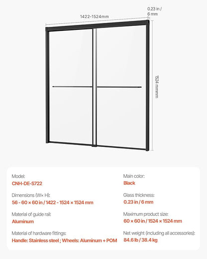 VEVOR Bathtub Shower Door, 56-60" W x 60" H, Semi-Frameless Double Sliding Tub Door, Semi-Frameless Bypass Tub Door with 1/4 in Shatterproof Tempered Glass and Stainless Steel Handle, Black