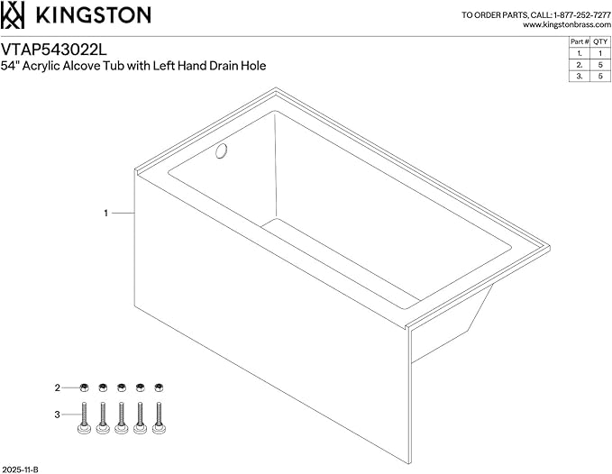 Kingston Brass Aqua Eden VTAP543022L 54-Inch Acrylic Alcove Tub with Left Hand Drain, White