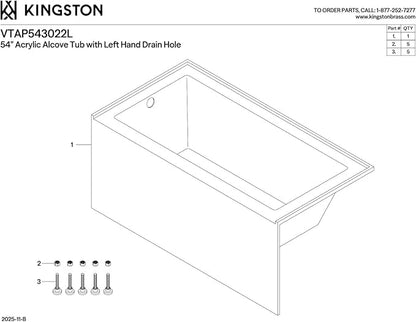 Kingston Brass Aqua Eden VTAP543022L 54-Inch Acrylic Alcove Tub with Left Hand Drain, White