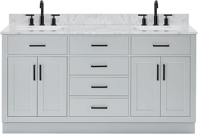 ARIEL Hepburn 66-inch Bathroom Vanity with Sink,Solid Wood, 0.75-inch Italian Carrara Marble Countertop, Double Rectangular Porcelain Sink, 4 Soft Closing Doors, 6 Dovetail Drawers, Grey