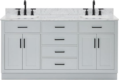 ARIEL Hepburn 66-inch Bathroom Vanity with Sink,Solid Wood, 0.75-inch Italian Carrara Marble Countertop, Double Rectangular Porcelain Sink, 4 Soft Closing Doors, 6 Dovetail Drawers, Grey