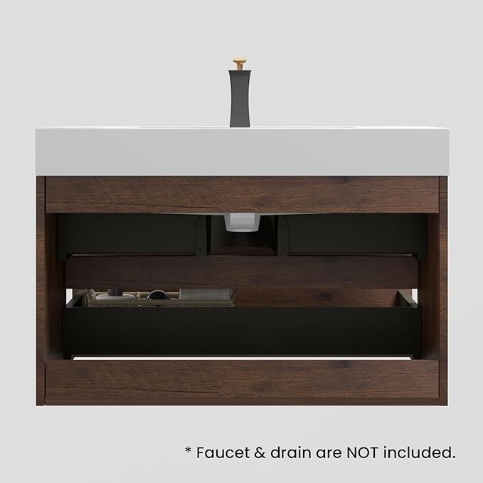 36" Floating Bathroom Vanity with Sink, Modern Bathroom Cabinet with Top and Soft Close Drawers, Spacious Storage for Small Space, Walnut - Lavanda Collection