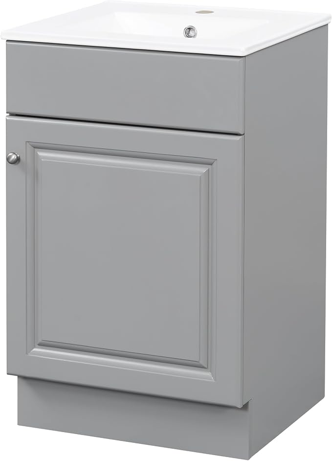 Christopher Knight Home Vanes Wood Frame 20" Bathroom Vanity with Ceramic Sink, Cabinet with Soft-Closing Door Shelf and Adjustable Shelf, Open Back, Metal Hardware, Storage/Organizer, Gray