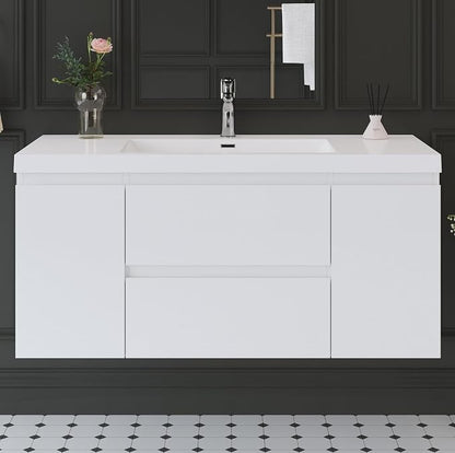 48 Inch Floating Bathroom Vanity Sink,Glossy White | Storage Cabinet Wall Mounted Cabinet, Solid Surface Basin, Soft Close Drawers, Fully Assembled