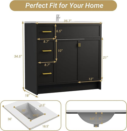 36 Inch Freestanding Bathroom Vanity with Sink, Shaker Style Black Cabinet with 3 Drawers & Double Doors, Waterproof Lacquer Finish, Ideal for Master Bathroom & Family Home