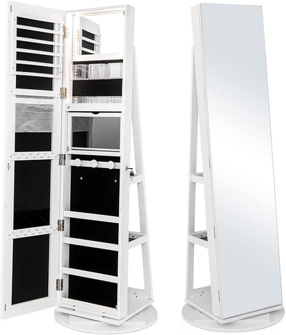 CHARMAID 360° Swivel Jewelry Armoire with Full Length Mirror, Rear Storage Shelves, Lockable Standing Jewelry Cabinet Organizer with Interior Vanity Mirror and 3-Color Lights (White)