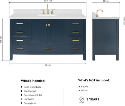 ARIEL Cambridge 60-inch Bathroom Vanity with Sink,Solid Wood, 1.5-inch Carrara White Quartz Countertop, Single Rectangular Porcelain Sink, 2 Soft Closing Doors, 9 Dovetail Drawers, Midnight Blue