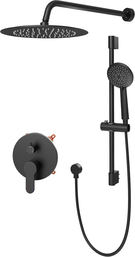Gabrylly Shower System, Slide Bar Shower Faucet Set, 12", Matte Black | Rainfall Shower Head with 5-Setting Handheld Spray, Wall Mounted Shower Set Included 2-Way Shower Valve and Trim Kit