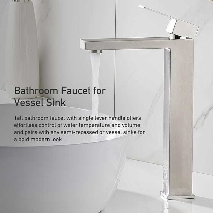 Vessel Sink Faucet, Brushed Nickel 1 Hole Single Handle Tall Bathroom Vanity Faucets, Modern Utility Rv Laundry Bath Restroom Mixer Tap with Metal Pop Up Drain and 2 Water Supply Lines