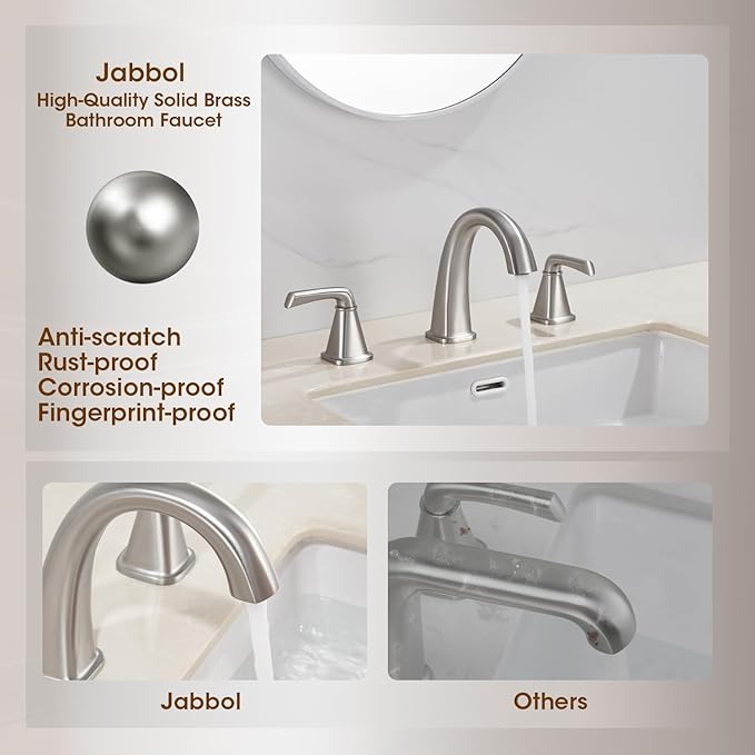 Widespread Bathroom Faucet 3 Hole, Brushed Nickel Bathroom Sink Faucet, 2 Handle Brass Bathroom Faucets for Vanity Faucet with Pop Up Drain and 2 Supply Lines