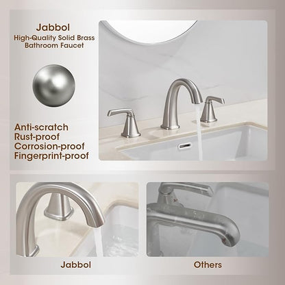 Widespread Bathroom Faucet 3 Hole, Brushed Nickel Bathroom Sink Faucet, 2 Handle Brass Bathroom Faucets for Vanity Faucet with Pop Up Drain and 2 Supply Lines