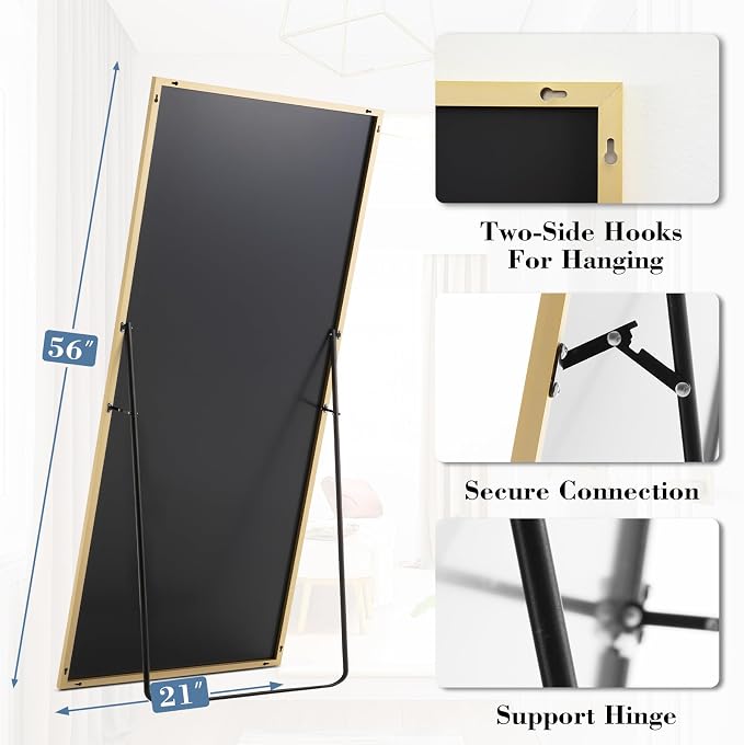 NEWBULIG Full Length Floor Mirror 56"x21", Body Standing Mirror | Wall Hanging or Leaning, Shatter-Proof Glass, Aluminum Alloy Frame with Stand, Home Decor Bedroom, Gold
