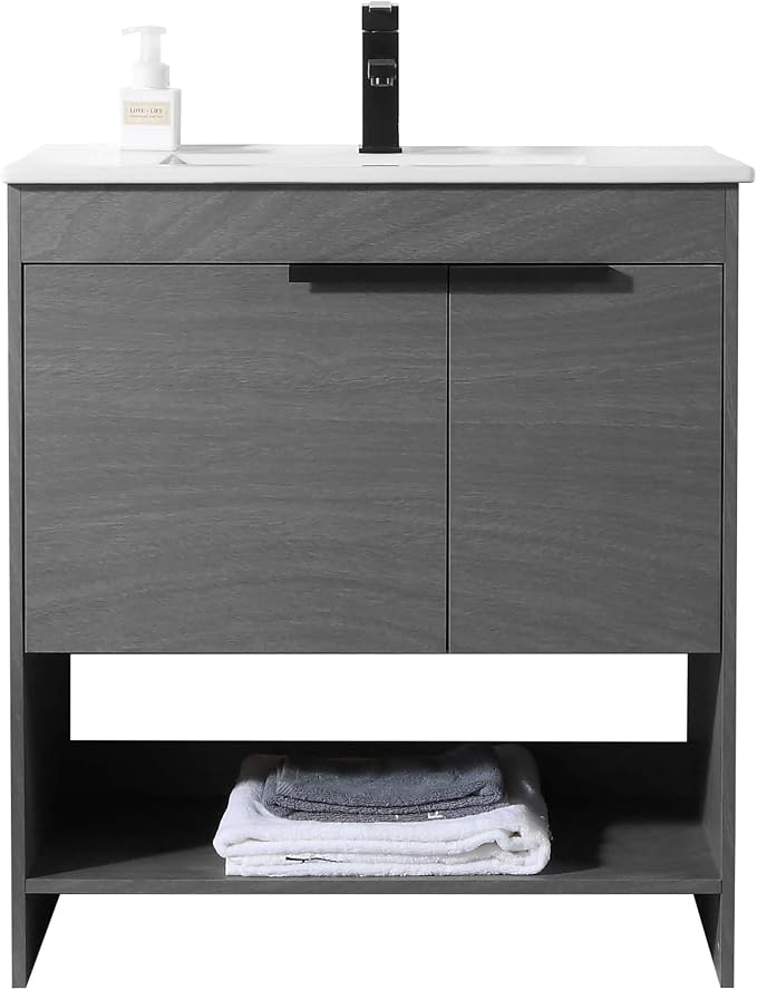Phoenix 30 Inch Bathroom Vanity with Sink – Modern Design, Soft-Close Doors, Storage Drawers, Durable Build – Grey Vanity for Small Bathrooms (Full Assembly Required)