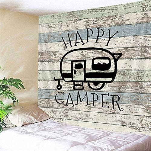 Happy Campers Shower Curtain Retro Rustic Wood Neutral Color For Travel Trailer Camping Motor RV Bathroom Stall Shower Curtain Set, Small Size Waterproof Fabric Shower Cutain, Hooks Include 47x64
