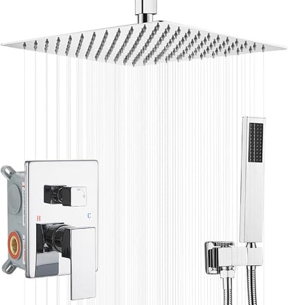 12 Inch Ceiling Mount ‎Polished Chrome Shower System Bathroom Luxury Rain Mixer Shower Combo Set Ceiling Rainfall Shower Head System (Contain Shower Faucet Rough-in Valve Body and Trim Kit)