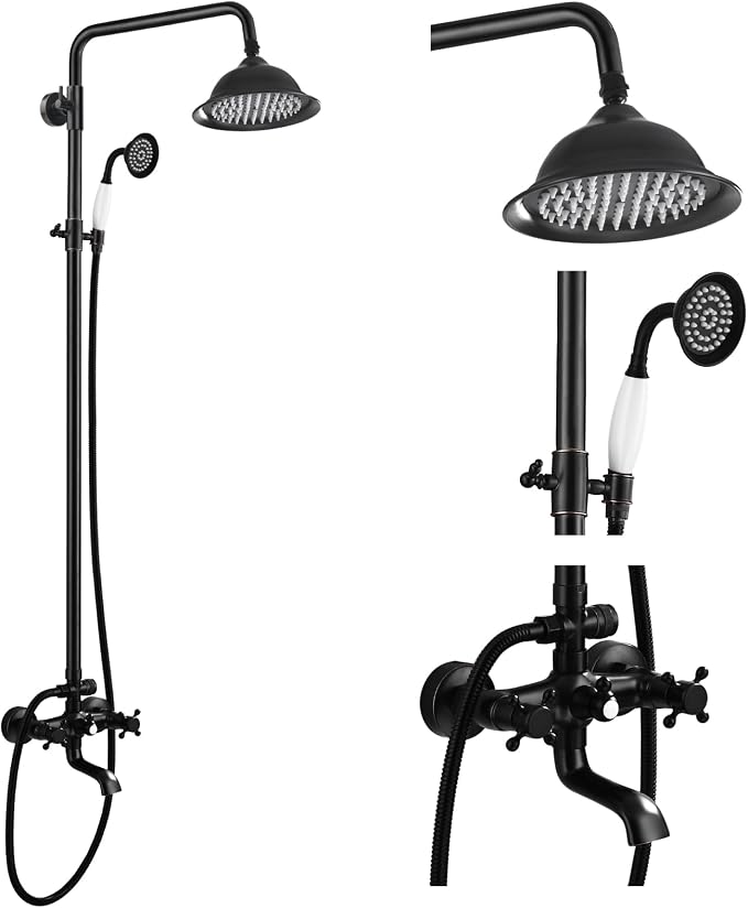 gotonovo Exposed Shower System with Spout,Oil Rubbed Bronze,No Shower Shelf | Brass Shower Faucet Set,8’’ Rain Head with Handheld Spray,Swivel Tub Spout,2 Cross Handle,6’’ Hole Distance,Adjustable Height