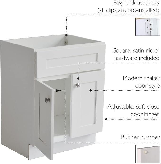 Design House Brookings Bathroom Vanity, 24", White | Adjustable Hinges, Freestanding, Contemporary/Modern, Wood, Bath, 586925